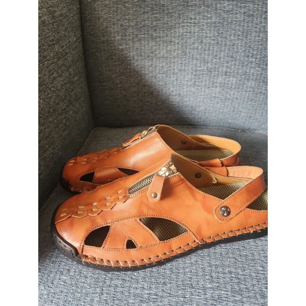 Caoutchouc Men's Brown Leather Casual Slip-on Sandals Size 46 US 13